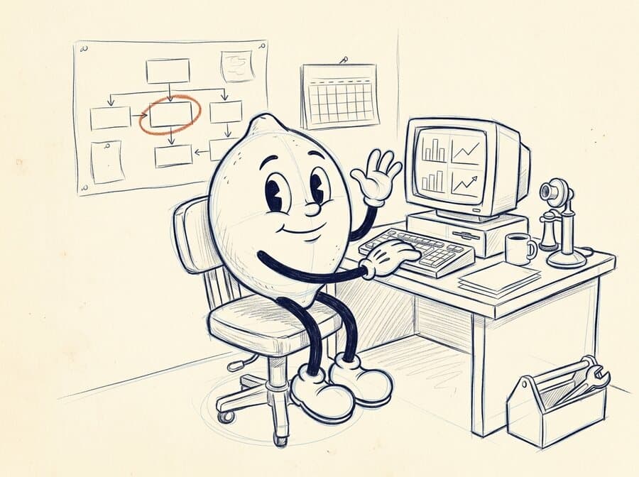Sketch of a cartoon lemon waving from a work desk with a computer showing charts, a flowchart pinned to the wall behind him, and a toolbox on the floor.