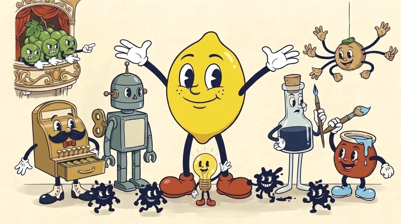 Group portrait of the SmartLemon cast: a big cartoon lemon with arms spread, a small lightbulb character at his feet, a tin robot, a moustached cash register, an ink bottle and a paint pot, a spider on a thread, grumpy grapes in a theatre box, and four ink-blot gremlins underfoot. Painted version.