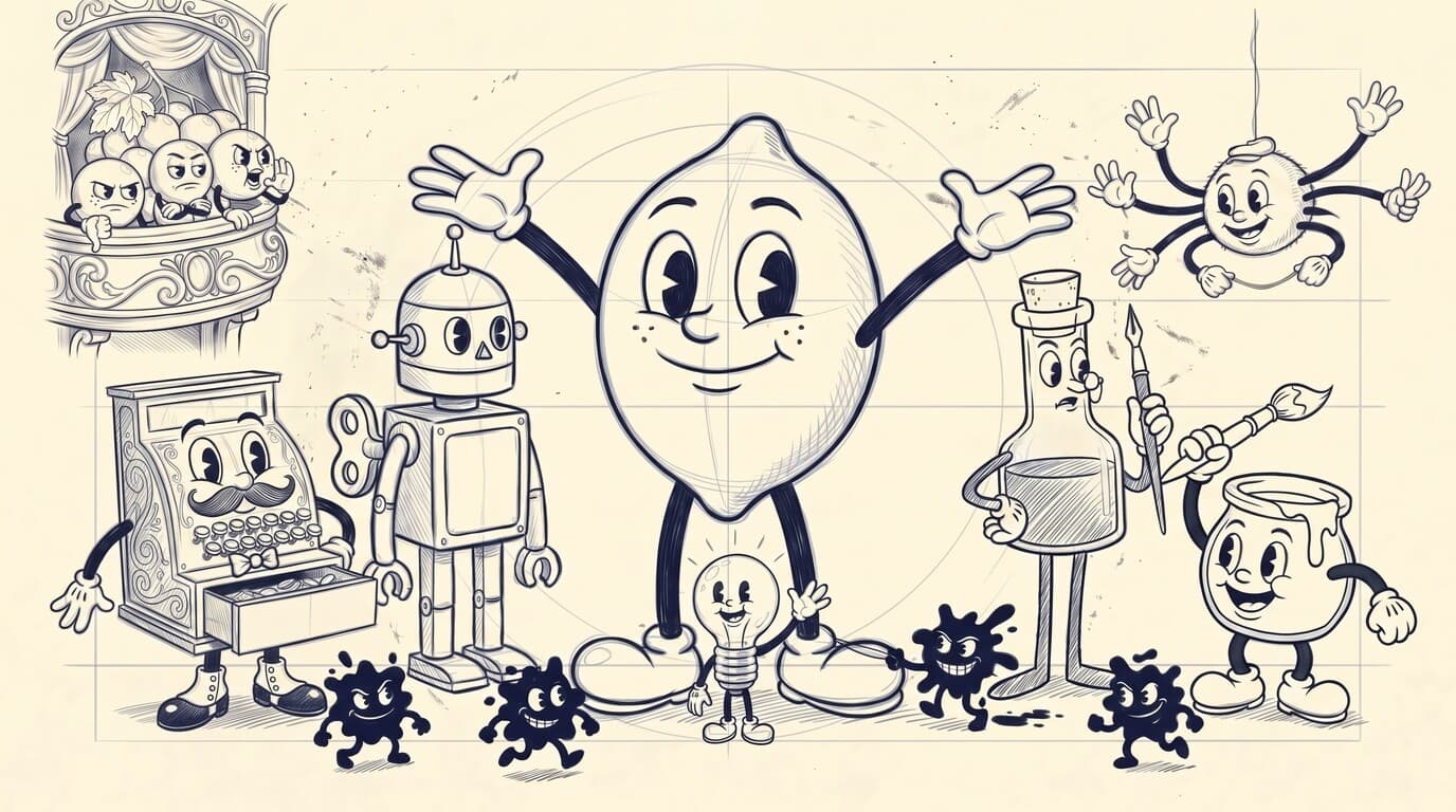 Group portrait of the SmartLemon cast: a big cartoon lemon with arms spread, a small lightbulb character at his feet, a tin robot, a moustached cash register, an ink bottle and a paint pot, a spider on a thread, grumpy grapes in a theatre box, and four ink-blot gremlins underfoot.