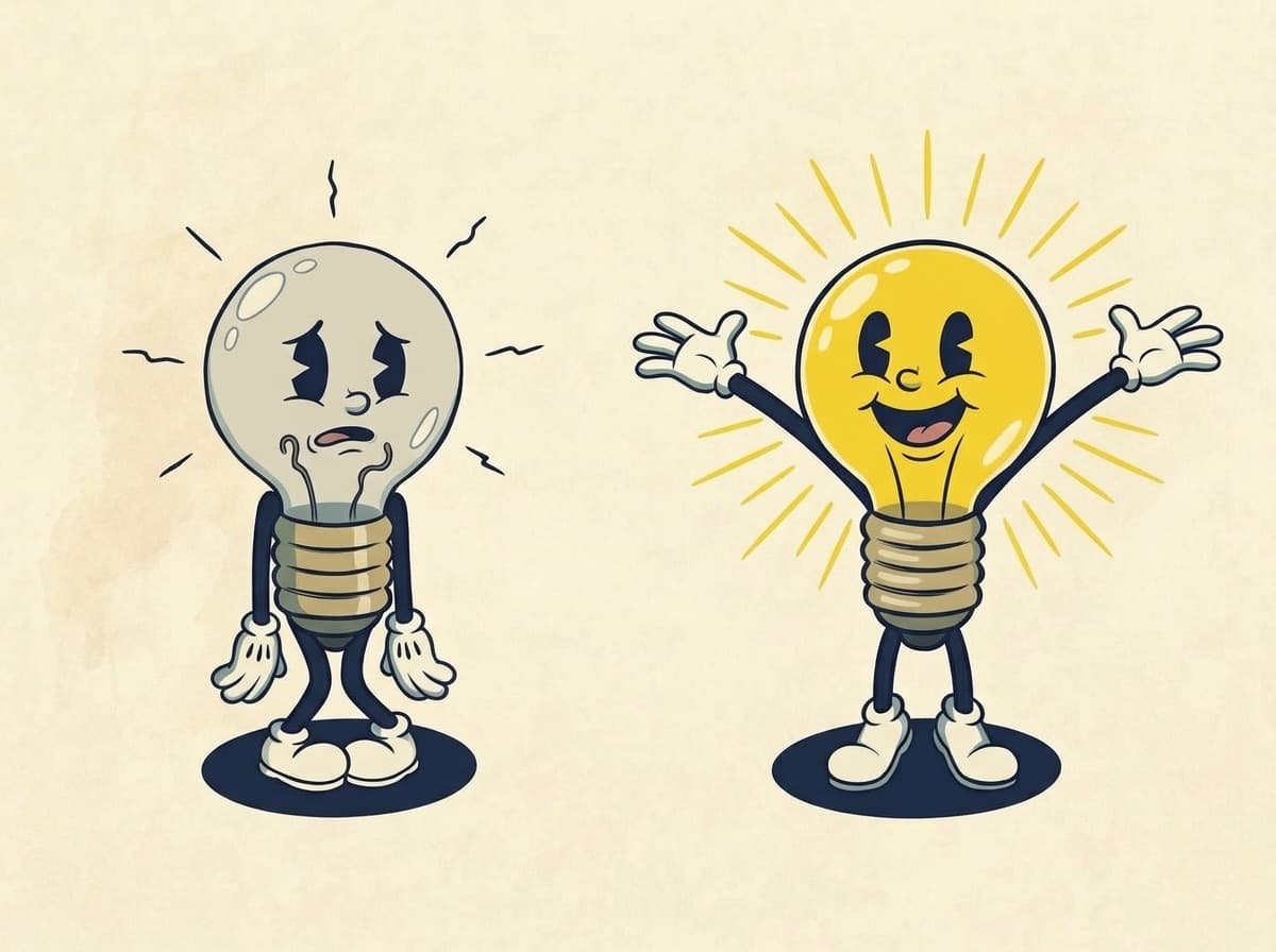A small lightbulb character drawn twice: on the left dim, hunched and nervous, on the right glowing with arms flung wide. Painted version.
