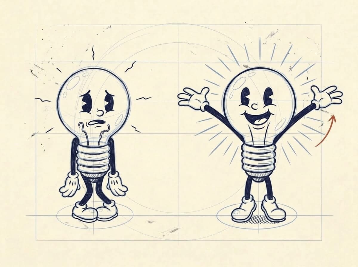 A small lightbulb character drawn twice: on the left dim, hunched and nervous, on the right glowing with arms flung wide.