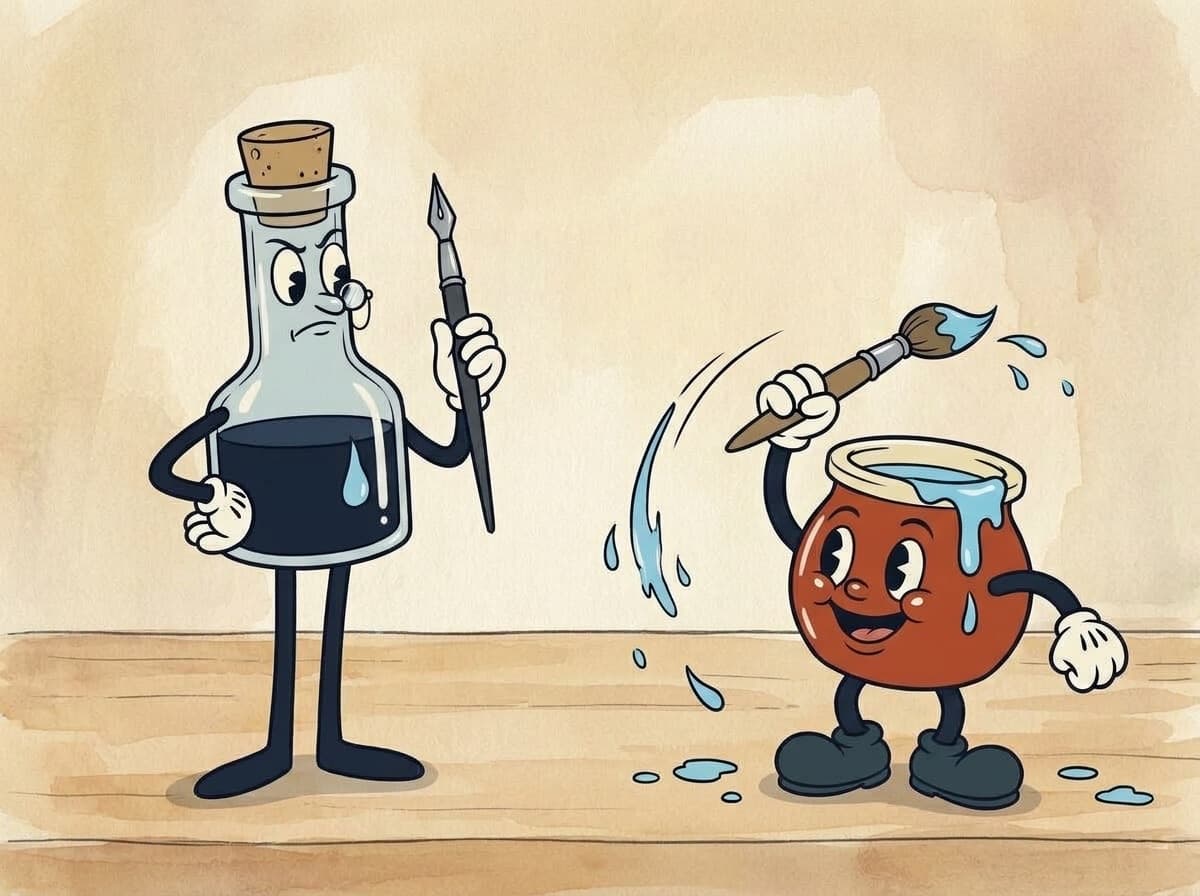 Painted cel of a tall ink bottle character with a dip pen glaring at a cheerful brick-red paint pot who is flicking sky-blue paint everywhere.