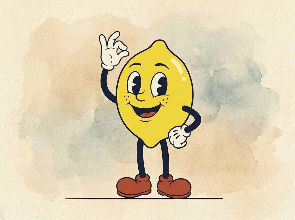 SmartLemon, a rubber-hose cartoon lemon with white gloves, standing with one hand on his hip and the other raised in a friendly salute. Painted version.