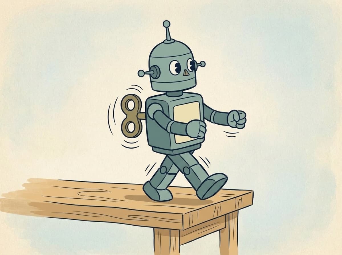 A small dome-headed tin robot with a wind-up key in his back, marching off the edge of a workbench without noticing. Painted version.