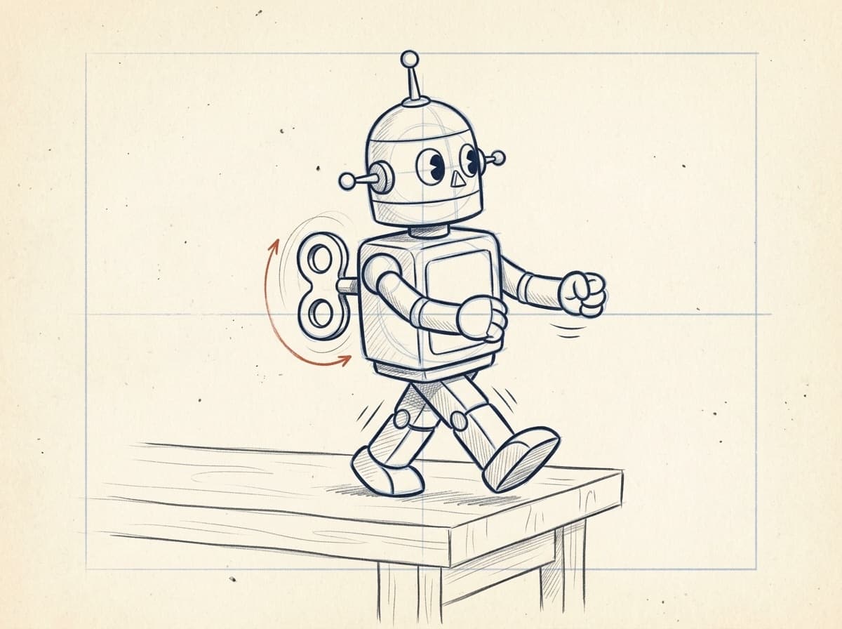 A small dome-headed tin robot with a wind-up key in his back, marching off the edge of a workbench without noticing.