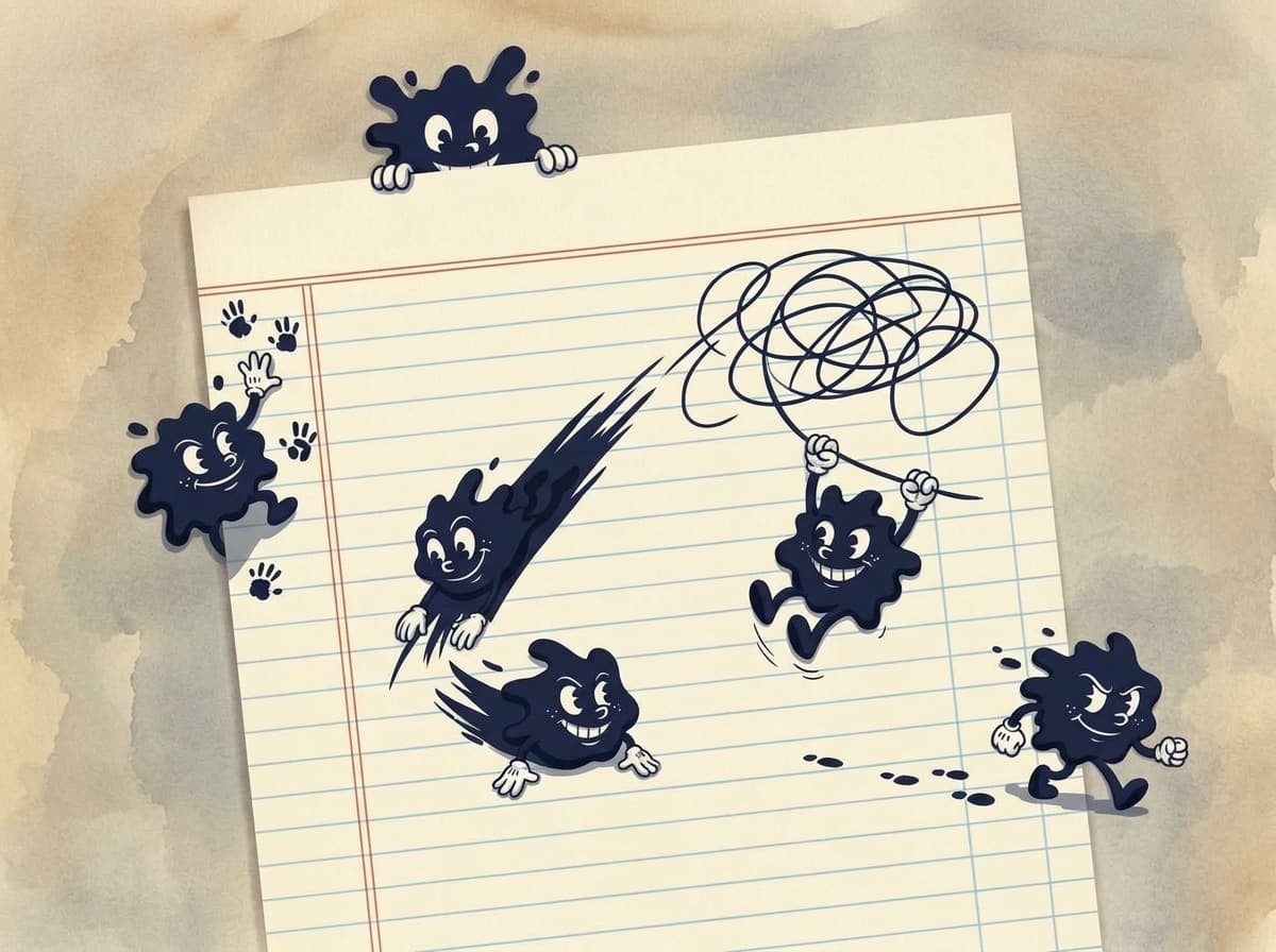 Five ink-blot gremlins making a mess of a sheet of ledger paper, leaving smears, handprints and footprints. Painted version.