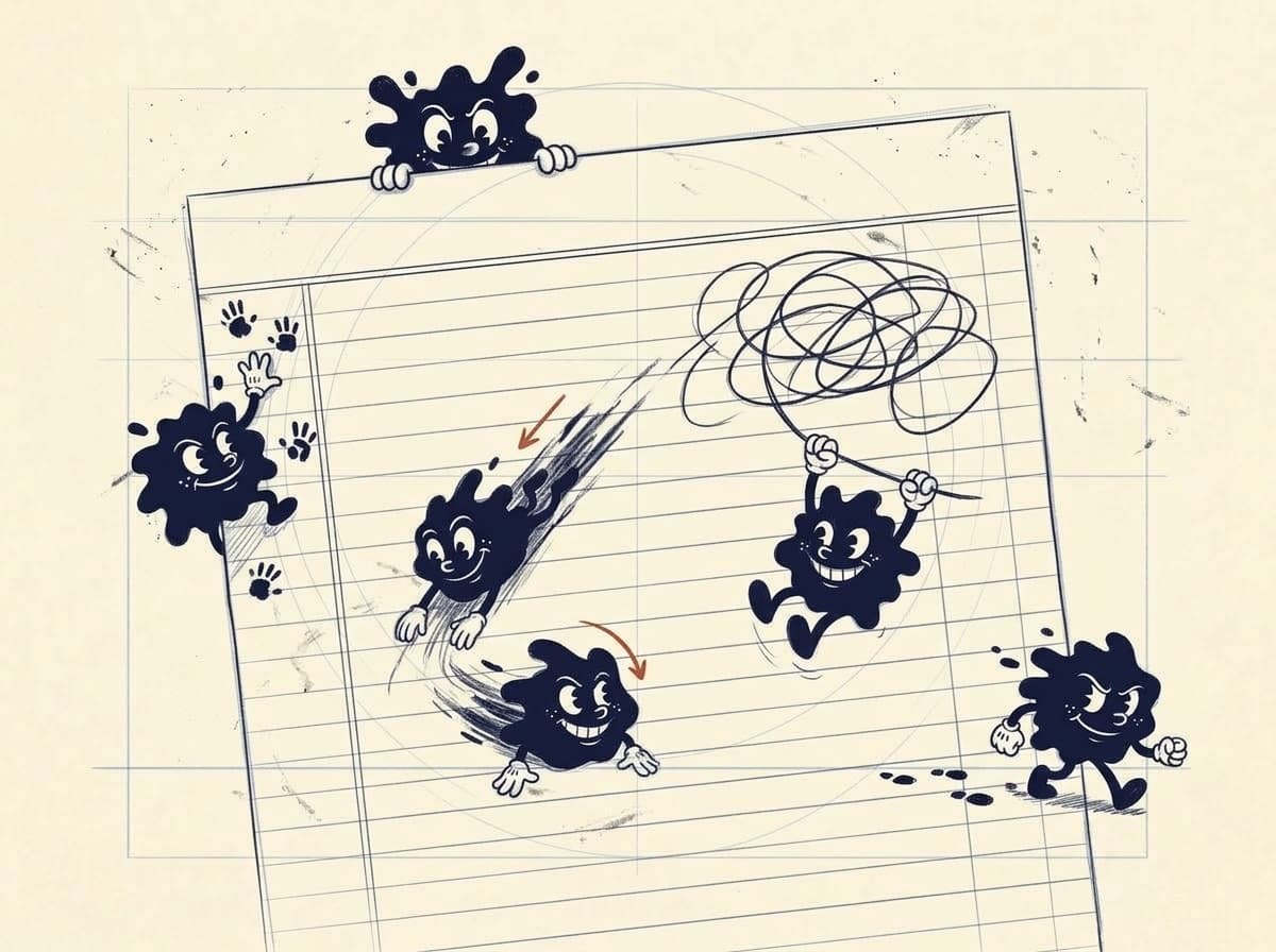 Five ink-blot gremlins making a mess of a sheet of ledger paper, leaving smears, handprints and footprints.