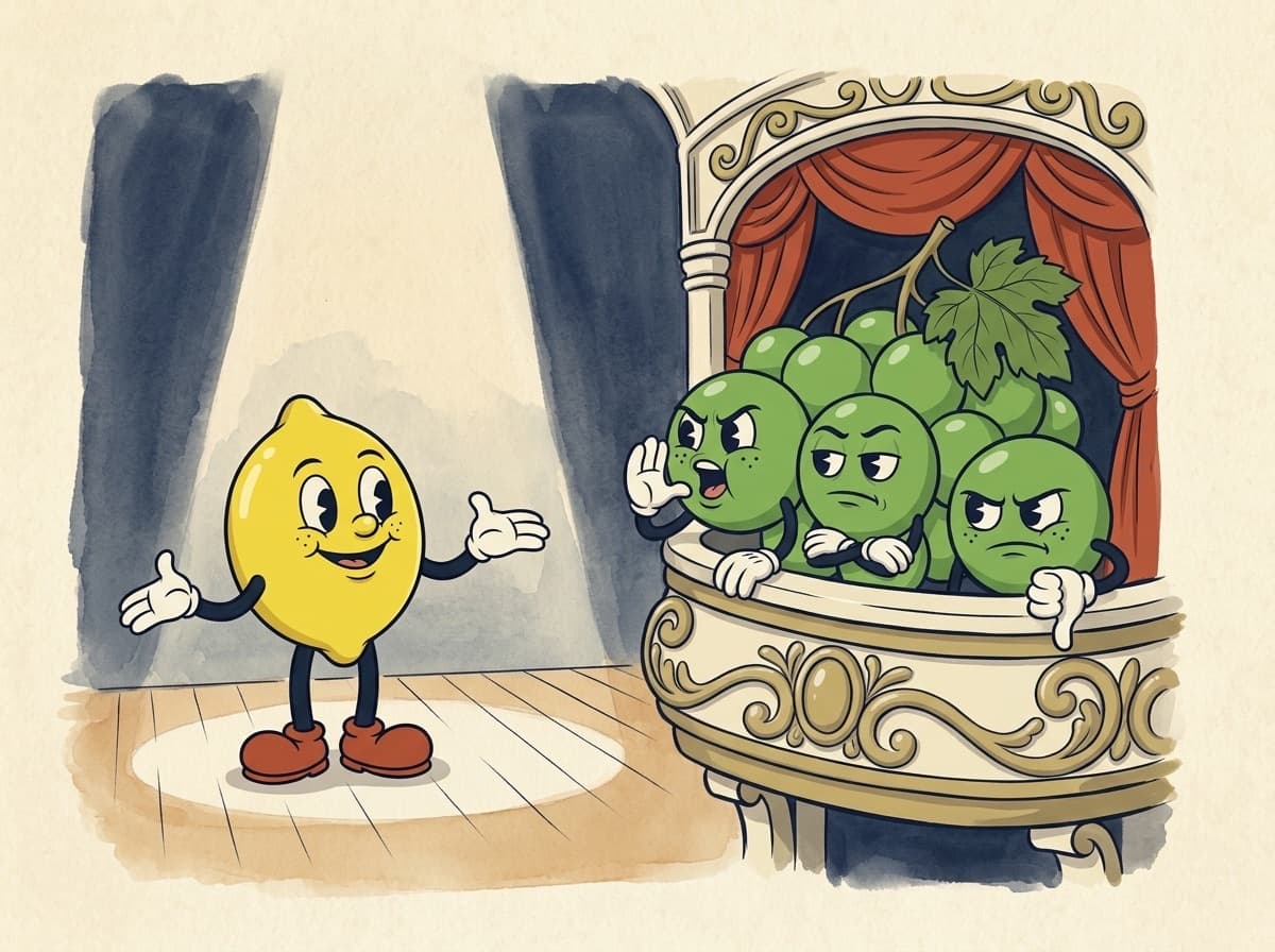 A bunch of grumpy grapes heckling from a theatre box, one jeering and one giving a thumbs-down, while the lemon shrugs in a spotlight on the stage below. Painted version.