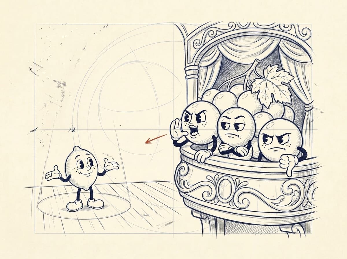 A bunch of grumpy grapes heckling from a theatre box, one jeering and one giving a thumbs-down, while the lemon shrugs in a spotlight on the stage below.