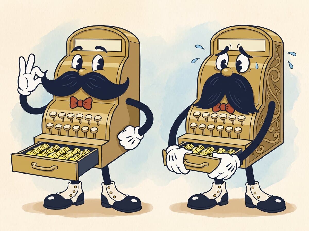 Till, an antique cash register with a moustache, drawn twice: delighted with his drawer wide open and coins flying, then worried and tugging at a jammed drawer. Painted version.