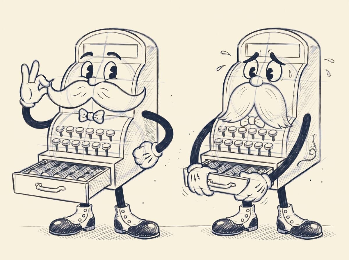 Till, an antique cash register with a moustache, drawn twice: delighted with his drawer wide open and coins flying, then worried and tugging at a jammed drawer.