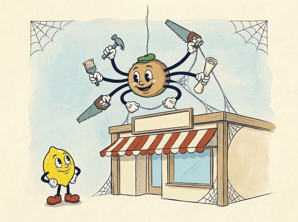 Webster, a round friendly spider in a flat cap, hanging over a half-built shop front and working with many gloved hands at once while the lemon looks on. Painted version.