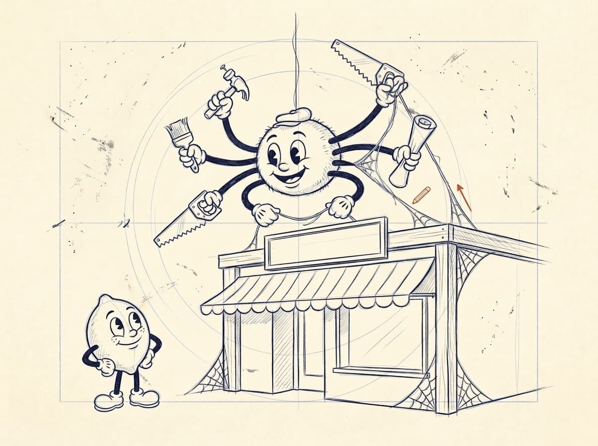 Webster, a round friendly spider in a flat cap, hanging over a half-built shop front and working with many gloved hands at once while the lemon looks on.