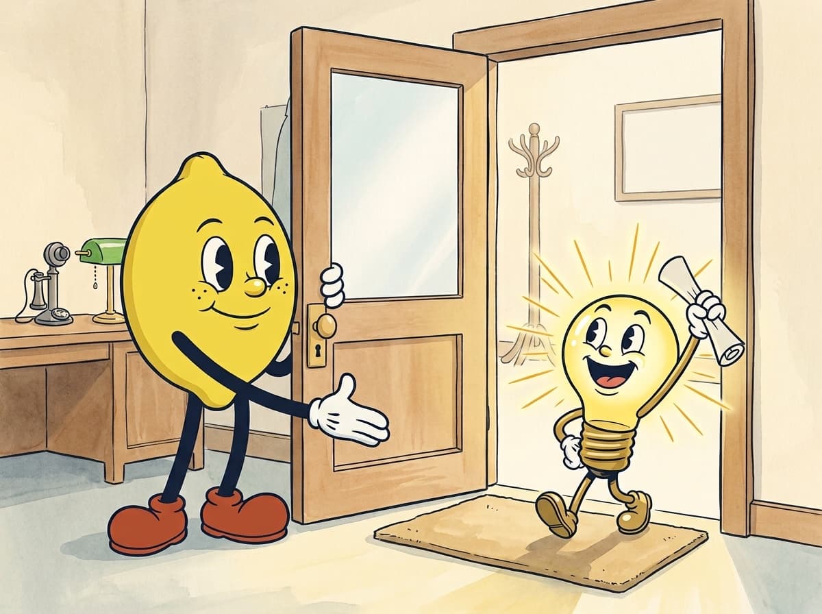 The same scene inked and painted: the yellow lemon in brick-red shoes holds the wooden office door open for the glowing lightbulb character, who marches in grinning with a rolled-up plan held high. A desk, a candlestick telephone, and a green lamp stand behind him.