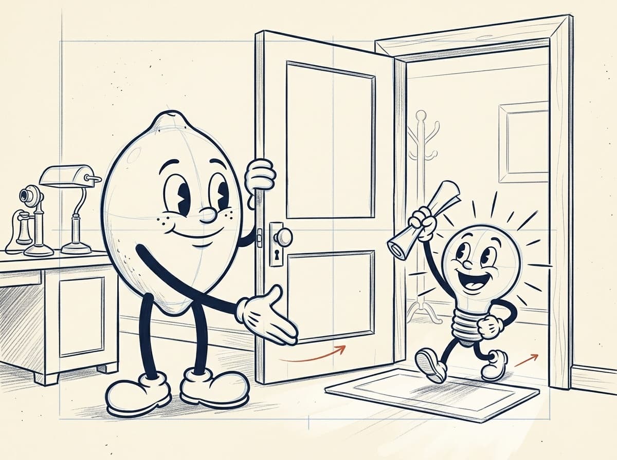 Pencil sketch of the lemon holding his office door wide open and waving in a small lightbulb character, who strides across the doormat grinning, with a rolled-up plan held high.