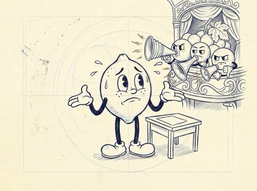 Pencil storyboard sketch of the lemon shrugging and sweating while the Sour Grapes, a bunch of grumpy grapes in a theatre box, shout advice at him through megaphones and a gramophone horn.