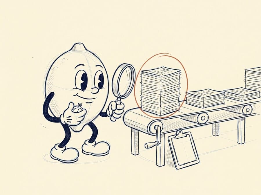 Pencil storyboard sketch of the lemon with a magnifying glass and stopwatch studying a conveyor of paper stacks, one stack circled in red pencil.