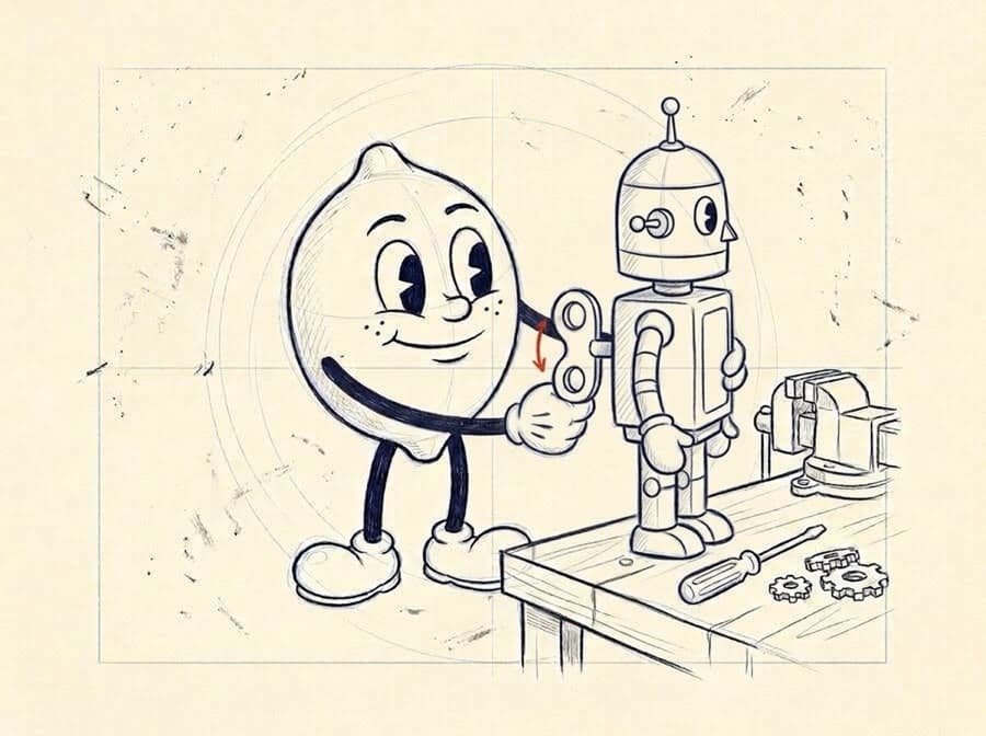 Pencil storyboard sketch of the lemon at a workbench winding the key of a small tin robot.