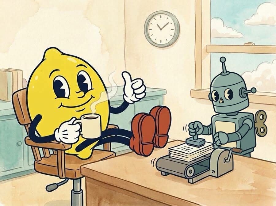 Painted cartoon cel of the lemon relaxing with a coffee, feet on the desk, while the tin robot stamps and stacks the paperwork.