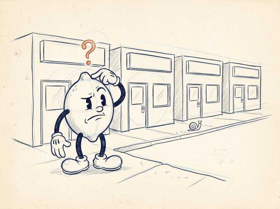 Pencil storyboard sketch of the lemon scratching his head in front of a row of identical blank shop fronts while a snail crawls past.