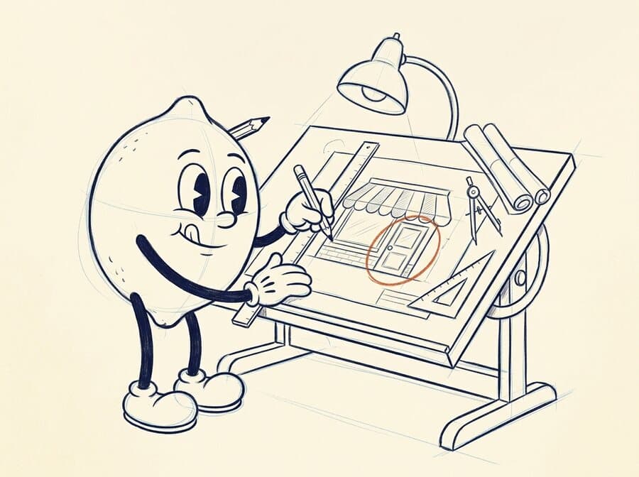 Pencil storyboard sketch of the lemon at a drafting table drawing a shop front, the door circled in red pencil.