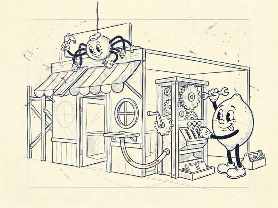 Pencil storyboard cutaway of a small shop: Webster the spider hammers the striped awning onto the front while, in the back room, the lemon tightens a bolt on a hand-built machine of gears and levers joined to the shop counter by a tube.