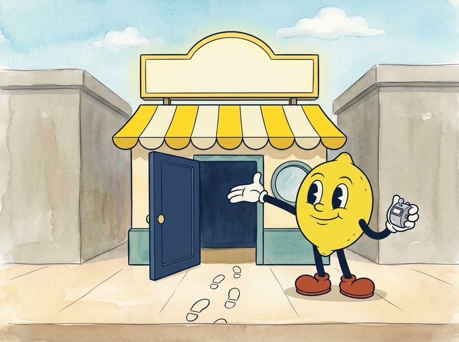 Painted cartoon cel of the lemon welcoming visitors into a bright yellow-awning shop between two dull grey ones, holding a tally counter.
