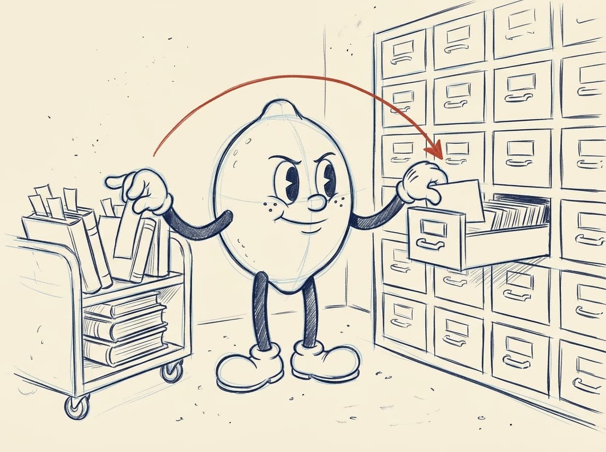Pencil storyboard rough of the lemon moving slips from the book trolley to the card catalog, with a red pencil arrow showing the way.