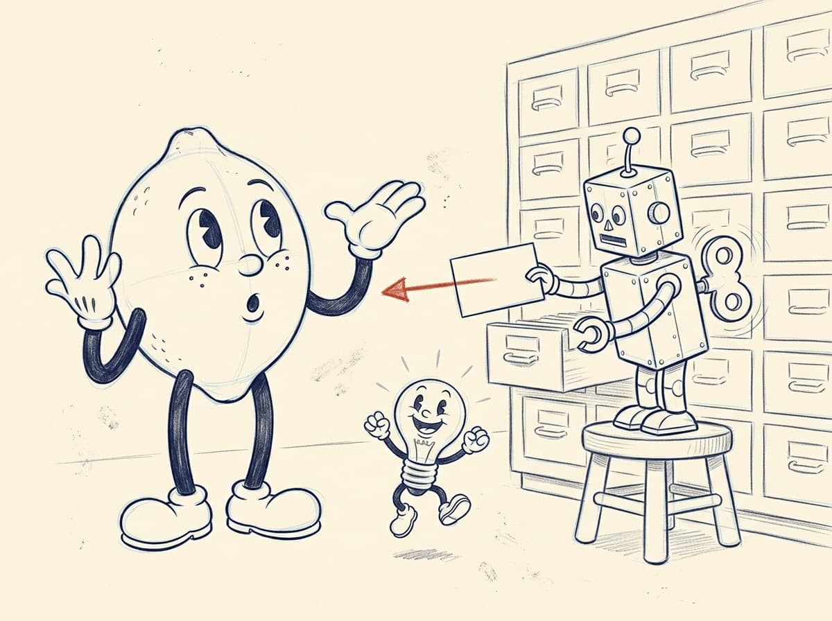 Cleaner pencil drawing of the tin robot handing the lemon one index card while the lightbulb character jumps for joy.