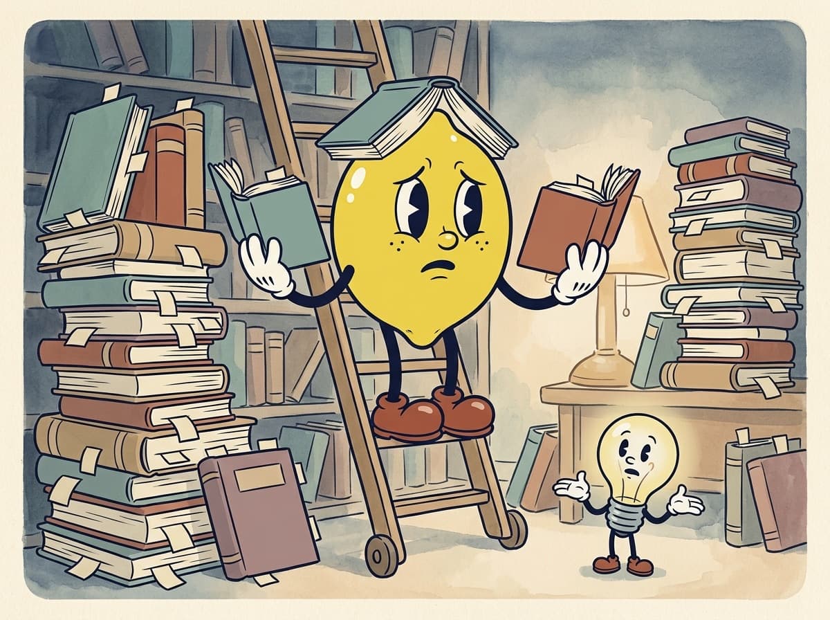 Painted cartoon frame of a worried lemon on a library ladder between towers of bookmarked books, a book in each hand and one on his head, while a small lightbulb character shrugs on the floor.