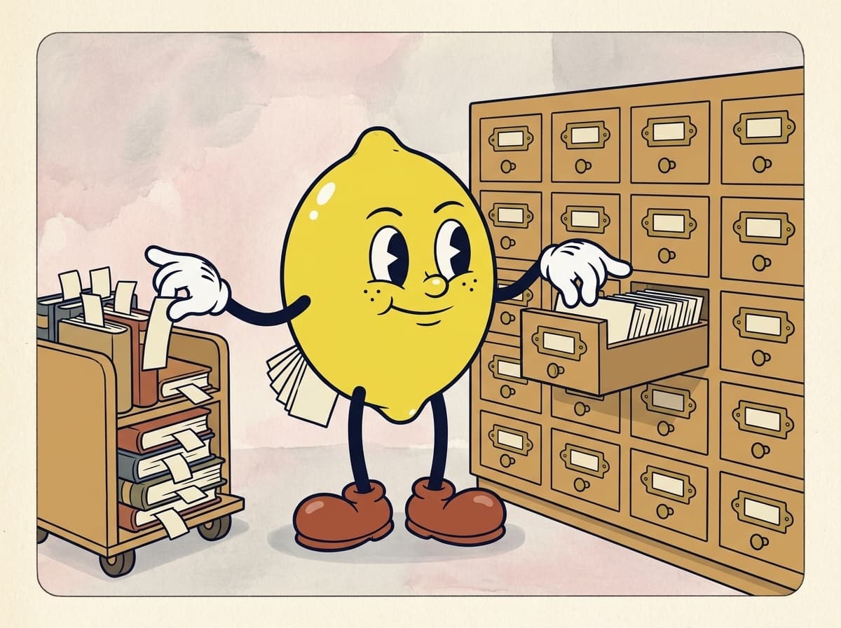Painted cartoon frame of the lemon pulling bookmark slips from a trolley of books with one hand and filing index cards into an open drawer of a large wooden card catalog with the other.