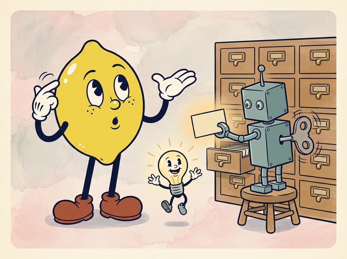 Painted cartoon frame of the lemon gesturing vaguely while the tin robot, on a stool at the card catalog, hands him one glowing index card and the lightbulb character jumps for joy.