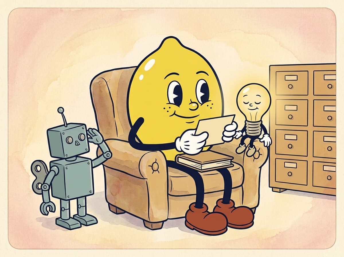 Painted cartoon frame of the lemon reading one index card in a big armchair, lit by the lightbulb character sitting on the chair arm, while the tin robot salutes beside a tidy card catalog.
