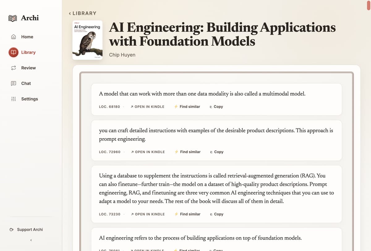 Screenshot of an Archi book page showing the cover, title, and author above a column of highlights, each with its Kindle location and links to open in Kindle, find similar, or copy.