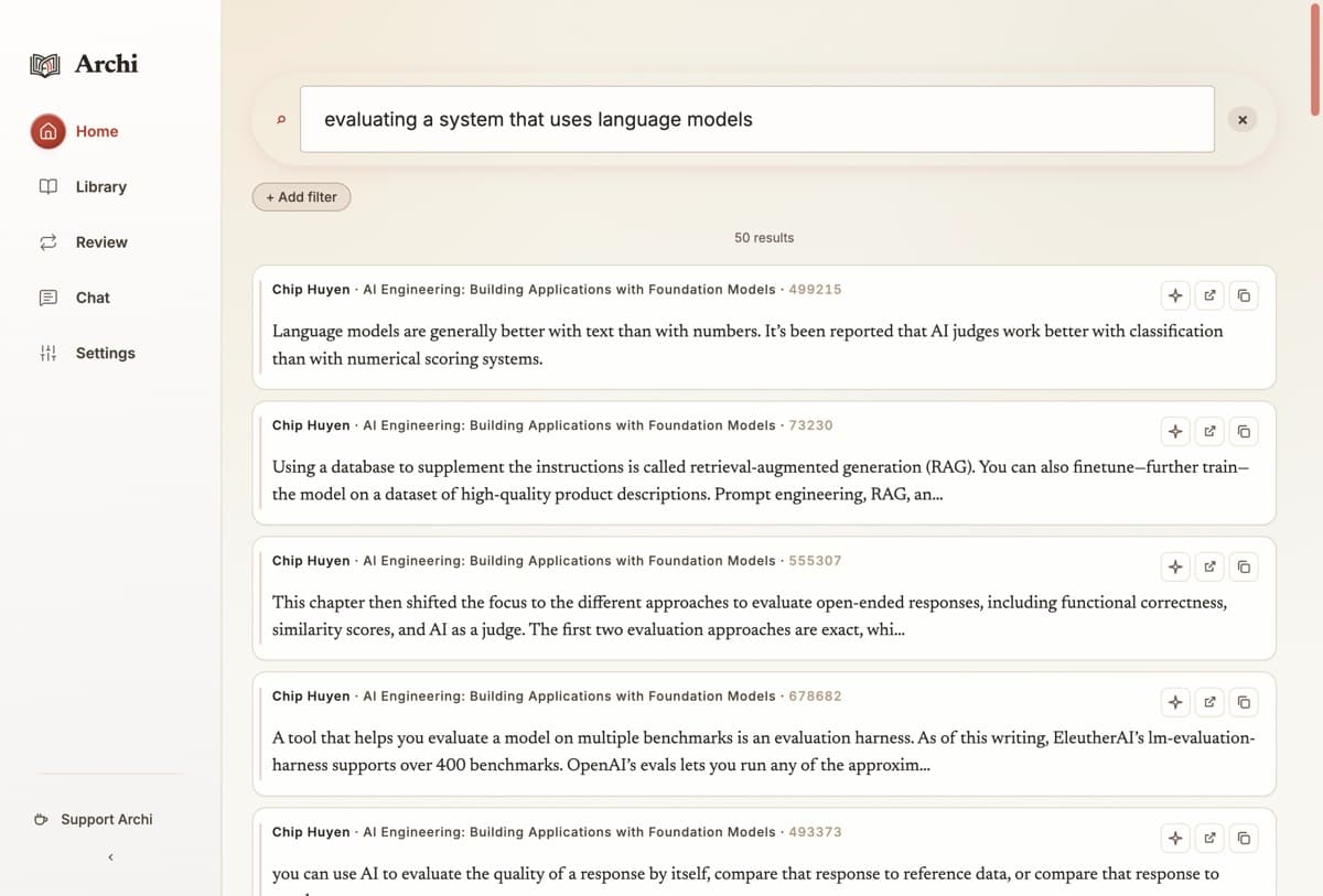 Screenshot of Archi searching for evaluating a system that uses language models and returning fifty matching passages from a book on AI engineering, none of which need to share the exact words.