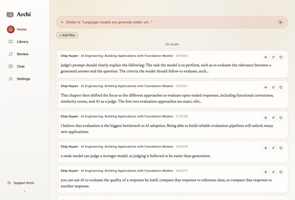 Screenshot of Archi listing passages similar to one chosen highlight about language models as judges, each with buttons to find more, open the book, or copy the quote.