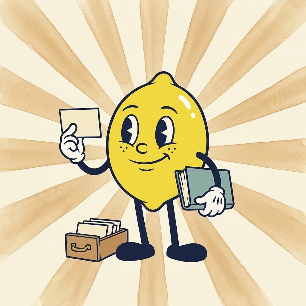 Painted cartoon lemon holding a book under one arm and proudly holding up a single index card, a small card-catalog drawer at his feet, in front of a warm sunburst.