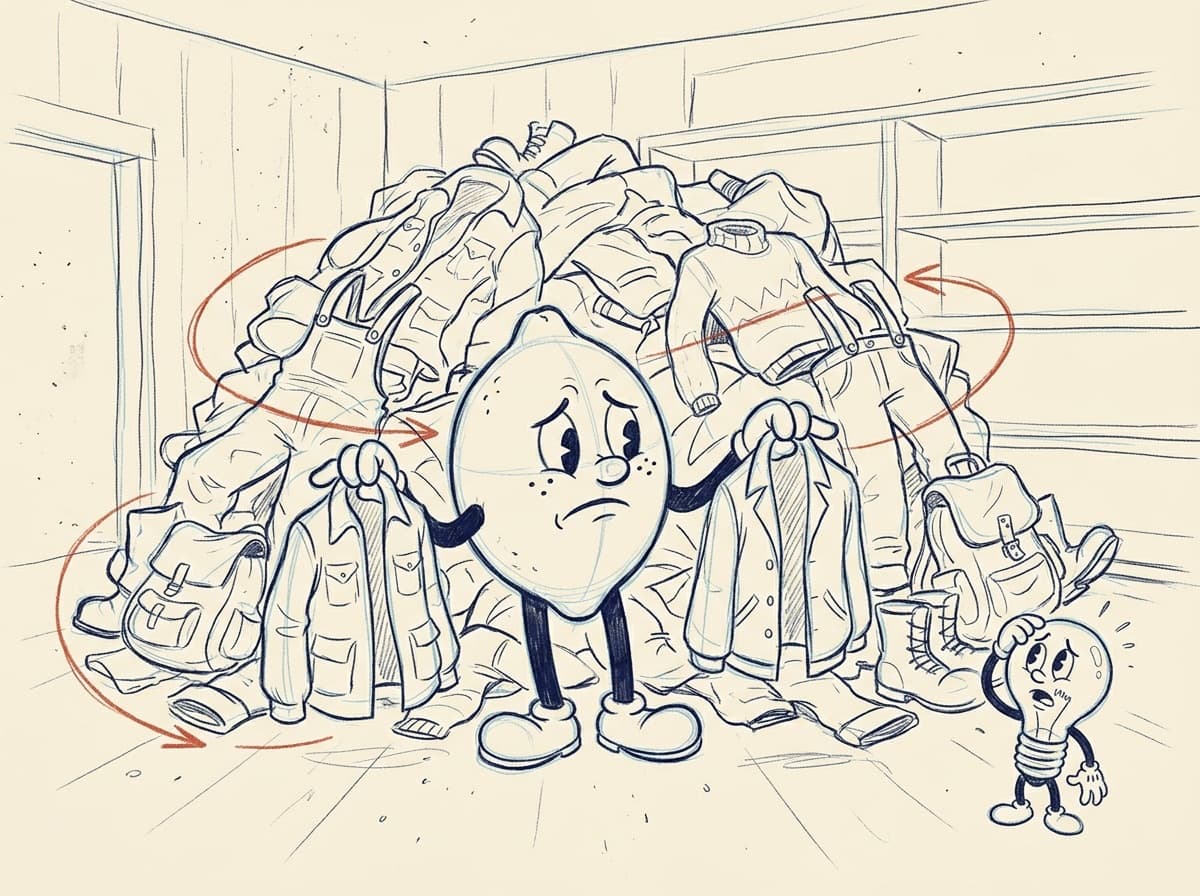 Pencil storyboard rough of the lemon in the heap of clothing with a jacket in each hand, red pencil arrows circling the pile.
