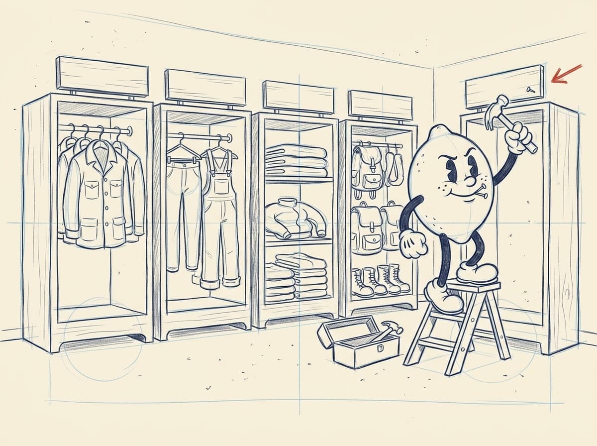 Pencil storyboard rough of the lemon on the step ladder hammering the last sign board, with a red pencil arrow pointing at the empty fifth bay.