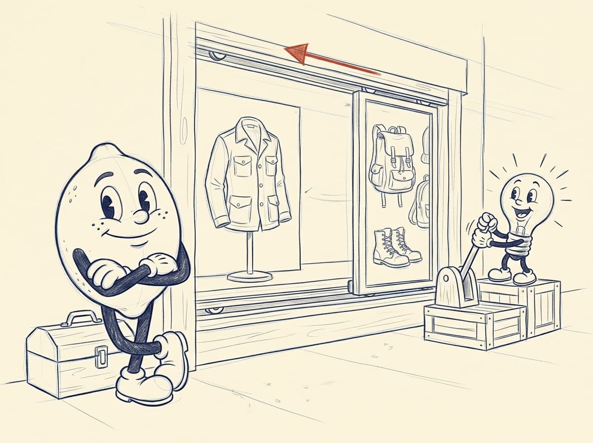 Cleaner pencil drawing of the lightbulb character pulling the lever that slides the window panels while the lemon watches with folded arms.