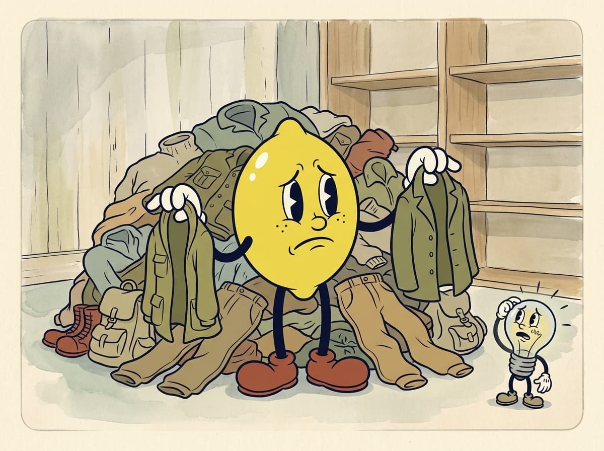 Painted cartoon frame of a worried lemon half buried in a huge jumbled heap of field jackets, trousers, boots, and backpacks in a bare wooden shop, holding up a jacket in each hand while a dim lightbulb character scratches its head.