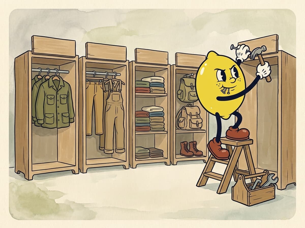 Painted cartoon frame of the lemon on a step ladder, nails between his lips, hammering a blank sign board above the last of five wooden display bays, the other four neatly filled with jackets, trousers, folded layers, and packs and boots.
