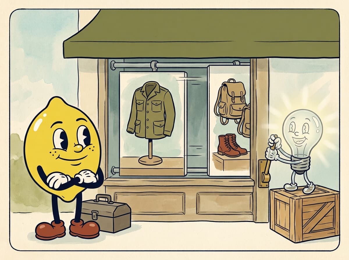 Painted cartoon frame of the glowing lightbulb character on a crate pulling a big brass lever that slides new display panels into a shop window, while the lemon leans on a closed toolbox with his arms folded, watching proudly.