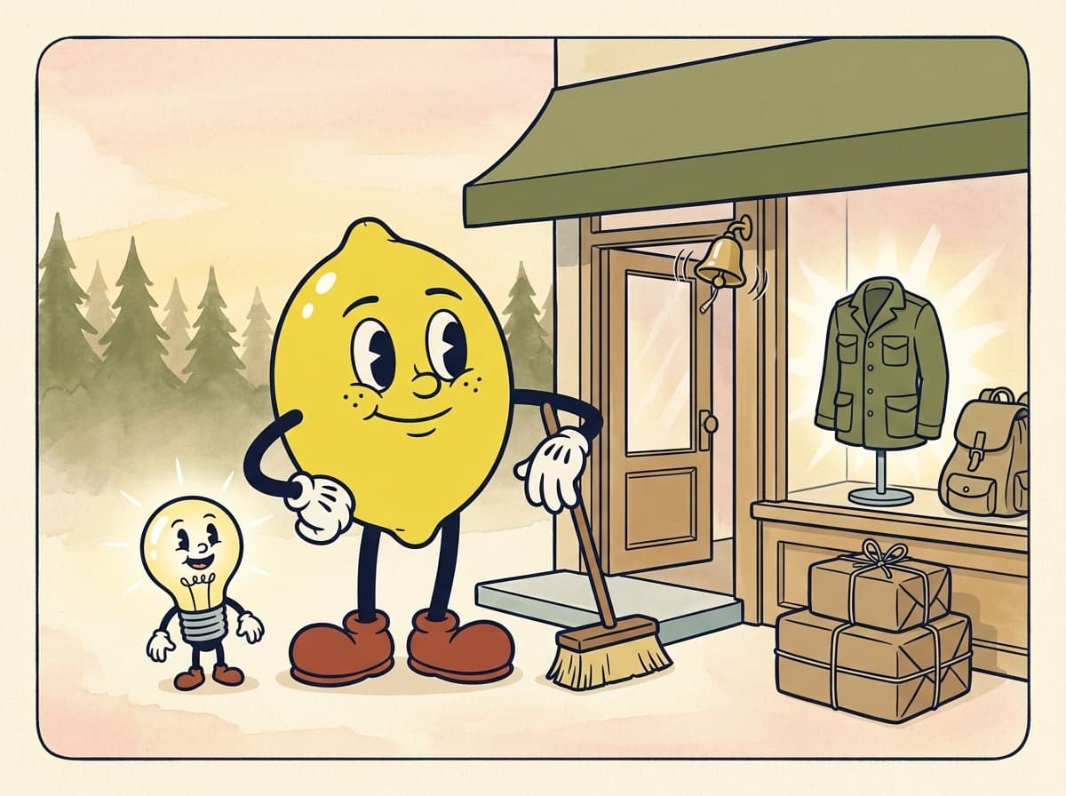 Painted cartoon frame of the lemon leaning on a broom on the front step of a finished outfitter’s shop, the door bell ringing, the lightbulb character shining in the display window, and a stack of wrapped parcels waiting by the door.