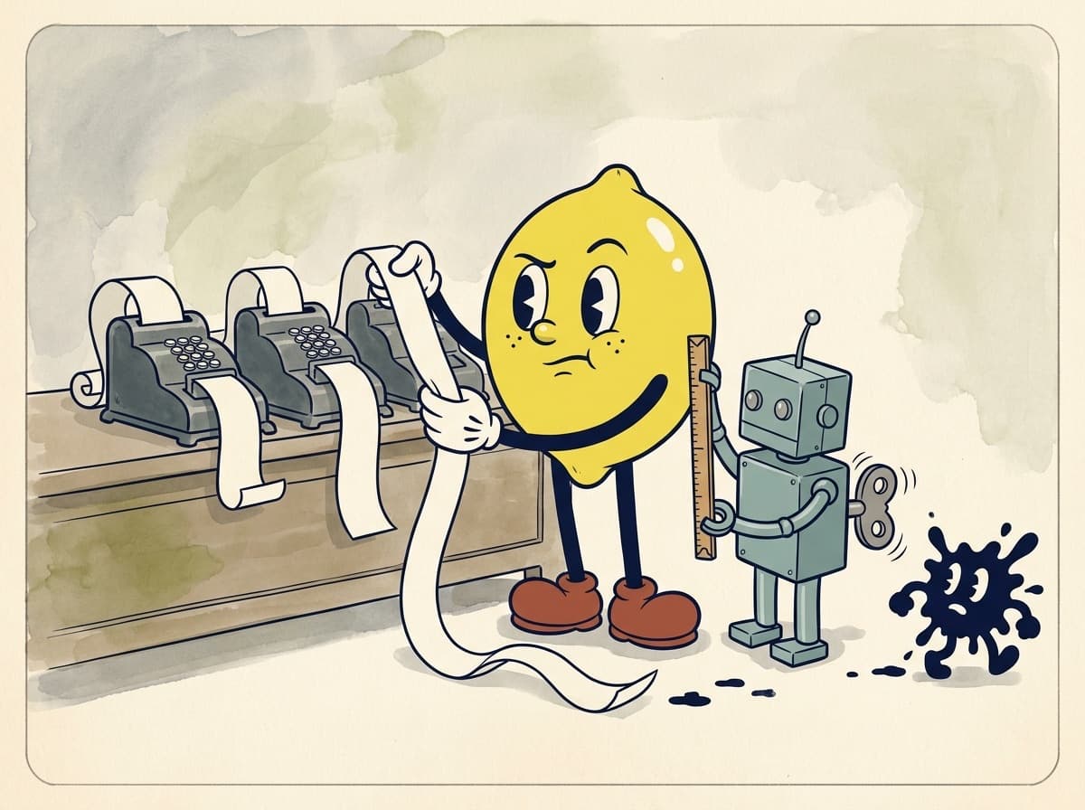 Painted cartoon frame of a suspicious lemon holding up paper tapes of three different lengths from three adding machines while the tin robot measures them with a wooden ruler and an ink-blot gremlin tiptoes away leaving smears.