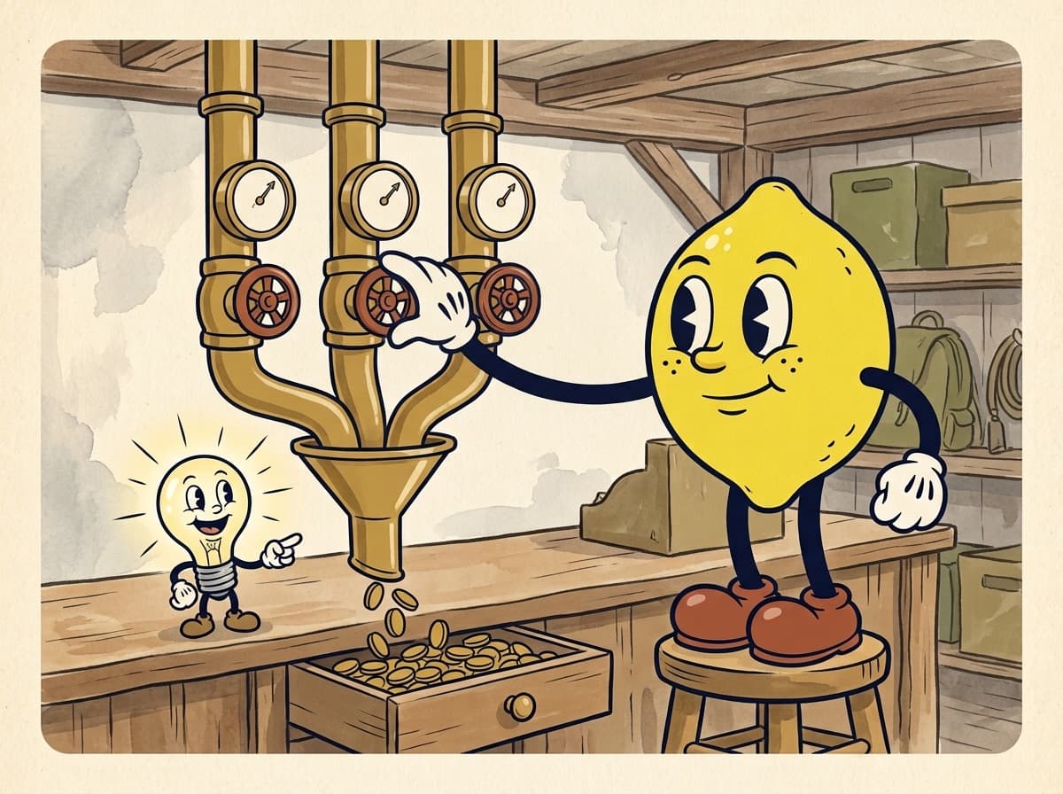 Painted cartoon frame of the lemon on a stool turning the valve on the middle of three brass pipes, each with its own gauge, as they join into one funnel pouring coins into an open cash drawer while the glowing lightbulb character points at the coins.