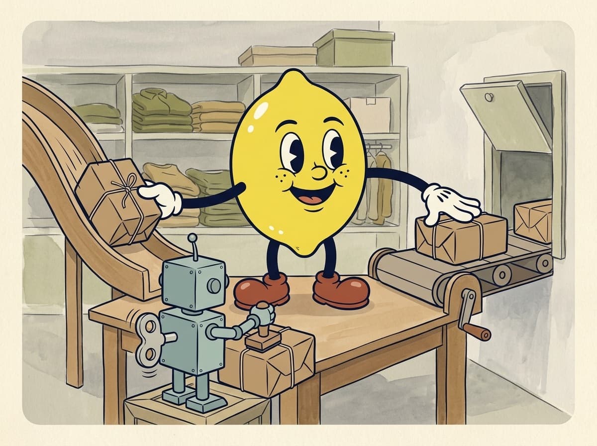 Painted cartoon frame of a grinning lemon standing on a sorting table, catching a returned parcel from a wooden chute with one hand and placing an outgoing parcel on a hand-cranked conveyor with the other, while the tin robot stamps a parcel.