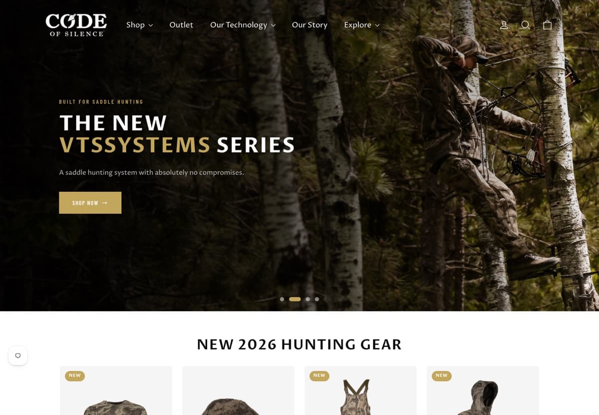 Screenshot of the Code of Silence homepage with a dark forest hero announcing a new saddle hunting system, a gold shop now button, and a row of new 2026 gear below.