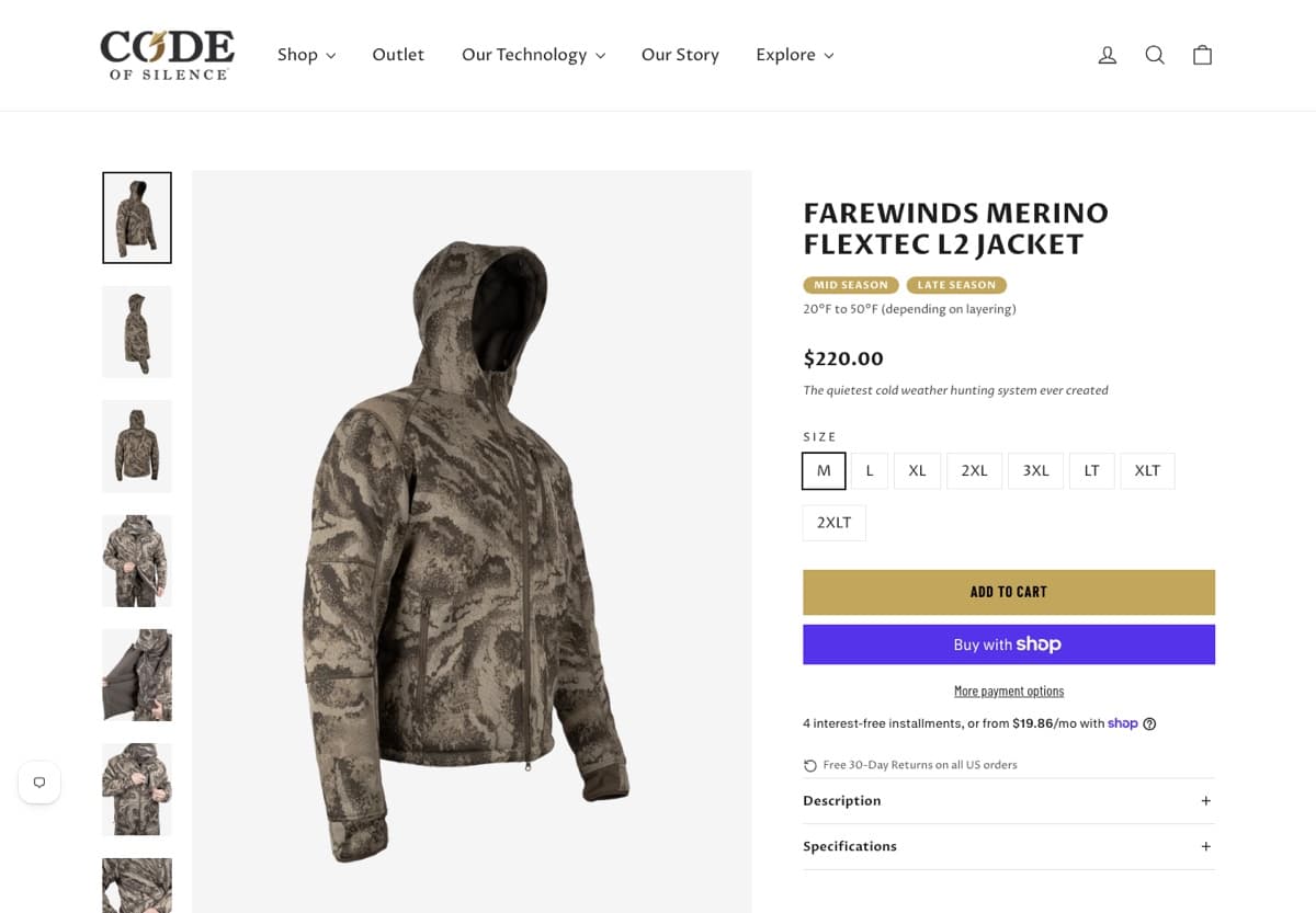 Screenshot of a Code of Silence jacket product page with a photo gallery, season badges, a temperature range, size buttons, and a gold add to cart button.