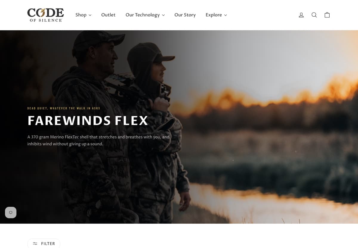Screenshot of the FareWinds Flex collection page on the Code of Silence store, with its own sunset hero photograph, tagline, and a short description of the fabric.